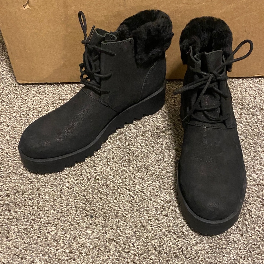 Eileen Fisher Black Ankle Boots with Fur Trim